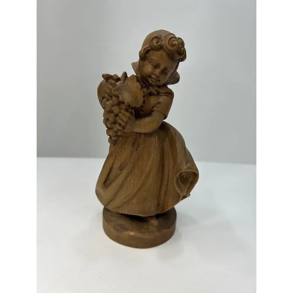 Vintage 1960s‎ Hand Carved Wood German Oberammergau Girl Holding Grapes Numbered